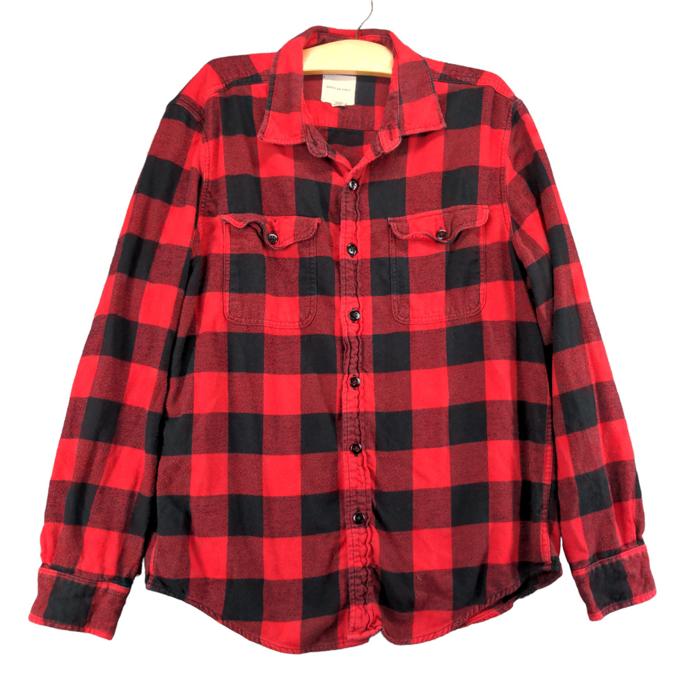 American Eagle Men's Button Up Shirt Red Checkered Large Long Sleeve Cotton